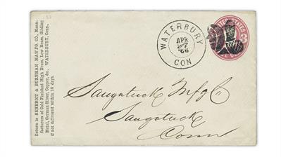 1866-waterbury-fancy-cancel-cover-woman-bonnet-facing-left