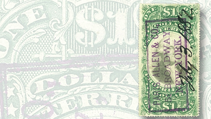 1874-one-cent-green-black-on-green-paper-proprietary-revenue-stamp