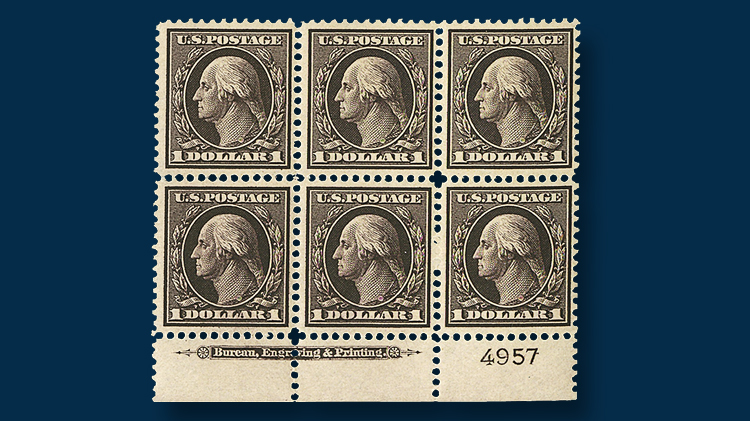 1909-one-dollar-violet-brown-george-washington-plate-block-six