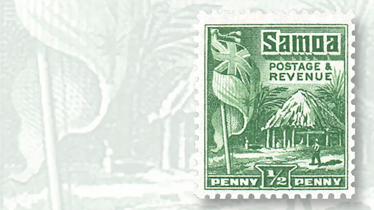 1921-hut-and-flag-samoa-stamp-design