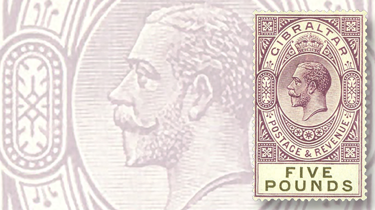 1925-five-euro-dull-violet-black-king-george-v-stamp-chalk-surfaced-paper