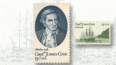 1978-thirteen-captain-james-cook-and-thirteen-cent-hms-resolutio-and-hms-discovery-stamp