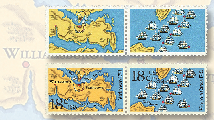 1981-18-cent-se-tenant-pair-battle-yorktown-battle-virginia-capes-stamps