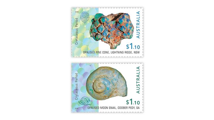 australia-2020-opalized-fossils-pine-cone-moon-snail-stamps