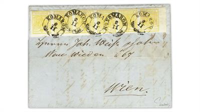 austria-1856-cadmium-yellow-coat-arms-stamp-strip-six-cover