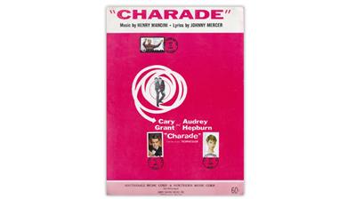 charade-movie-sheet-music-first-day-cancels-grant-hepburn-mancini-stamps