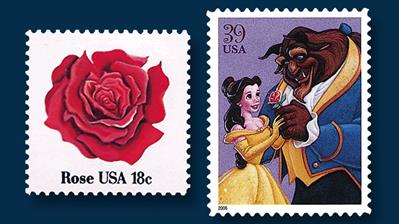 eighteen-cent-red-rose-stamp-thirty-nine-cent-beauty-the-beast-stamp