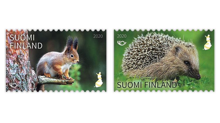 finland-2020-norden-mammals-hedgehog-squirrel-stamps