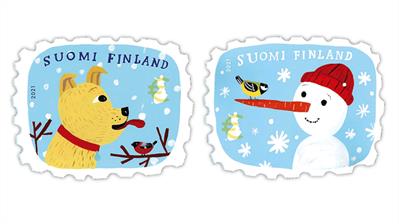 finland-2021-first-snow-stamps-dog-bird-snowman