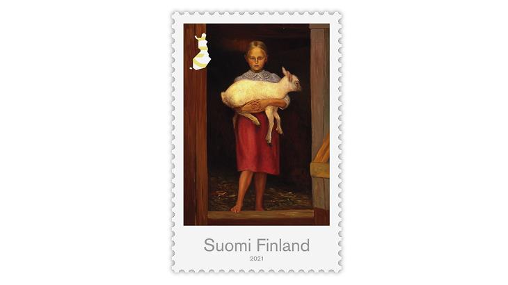 finland-2021-sheep-girl-hugo-simberg-painting-stamp