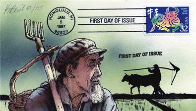 first-day-covers-kendal-bevil-year-of-the-ox-hand-painted-fdc