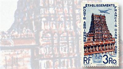 french-india-three-rupie-temple-chindambaram-airmail-stamp