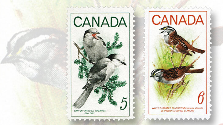 gray-jays-white-throated-sparrows-stamps