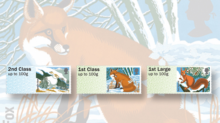 great-britain-winter-fur-and-feathers-post-and-go-labels-hare-fox-squirrel