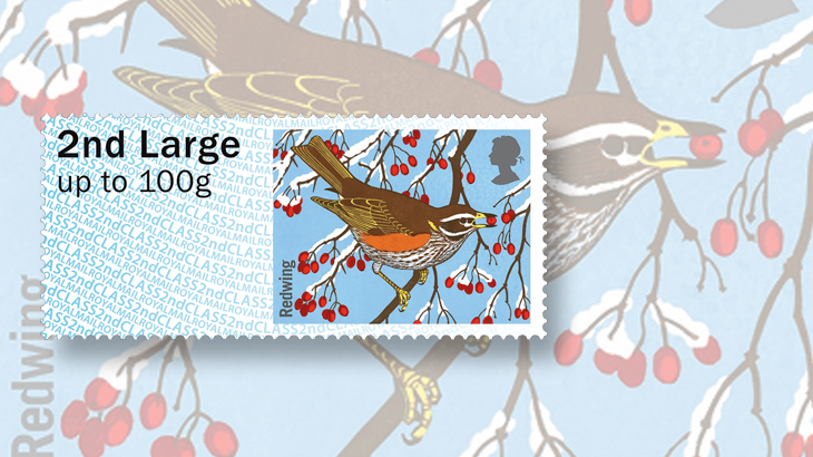 great-britain-winter-fur-and-feathers-post-and-go-labels-redwing-bird