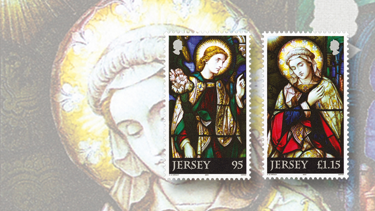 new-stamps-of-the-world-stained-glass-jersey-henry-thomas-bosdet-archangel-gabriel-mary