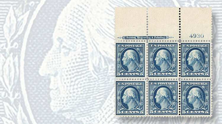 plate-block-six-washington-franklin-bluish-paper-stamps