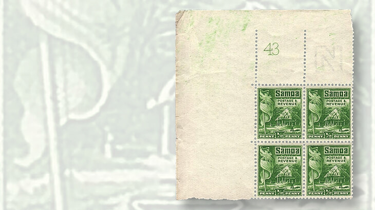 samoa-43-hut-and-flag-stamp-block