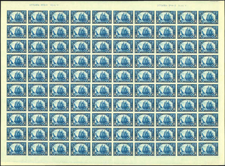 sheet-of-100-canada-1959-50-cent-dark-blue-bluenose-stamp