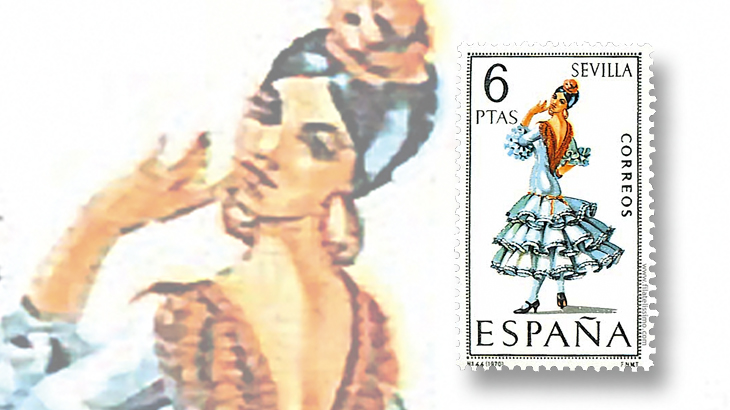 stamp-collecting-basics-spain-1970-costumes-seville-province-flamenco-dance