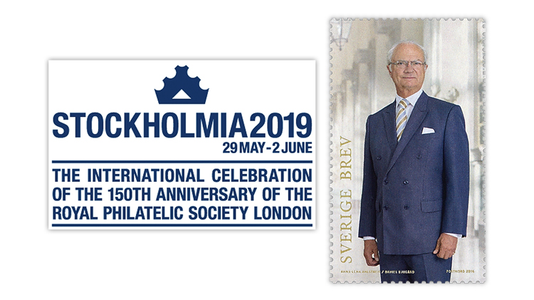 Stockholmia 2019 international stamp show and exhibition and a King Carl XVI Gustaf stamp