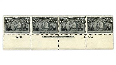 united-states-1893-5-dollar-columbian-exposition-stamp-plate-number-strip