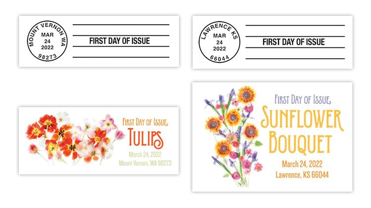 united-states-2022-tulips-sunflower-bouquet-stamps-first-day-postmarks