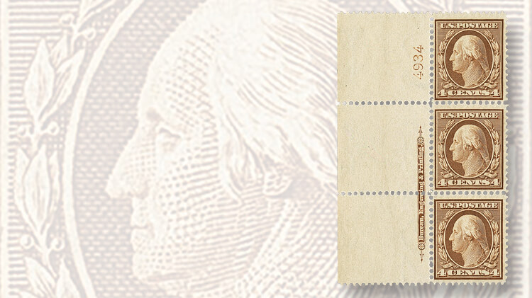 vertical-strip-three-washington-franklin-bluish-paper-stamps